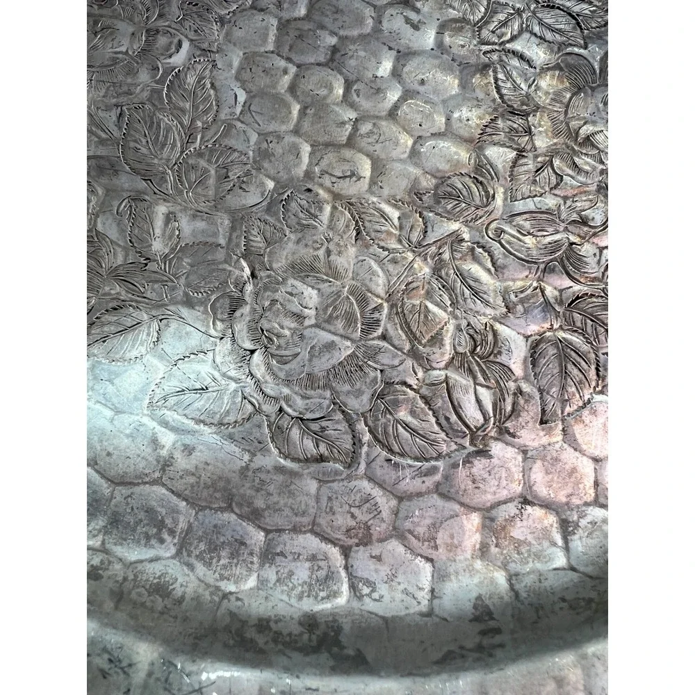 Hand Forged Aluminum Serving Tray 12 Inch Vintage Rose Hammered Floral‎ MCM